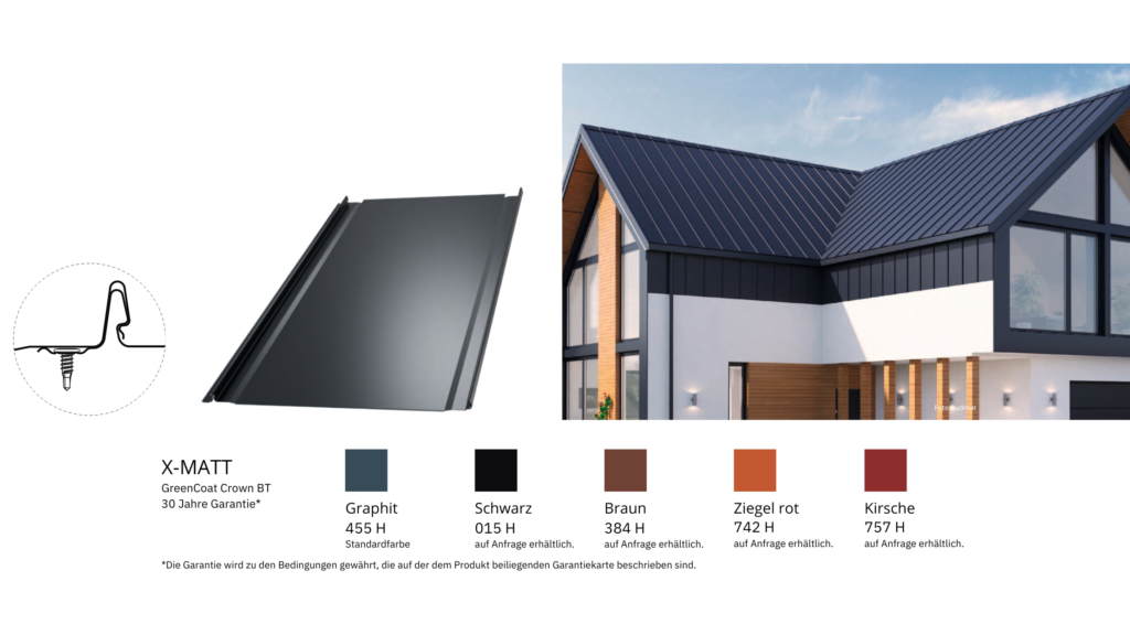 FixFalz Farben — X-MATT GreenCoat Crown BT: Graphit, Schwarz, Braun, Ziegelrot, Kirsche